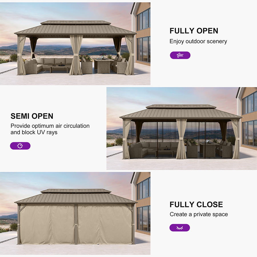 PURPLE LEAF Deck Gazebo Champagne Hardtop Metal Frame Double Roof with Curtains and Netting with Lights-clear