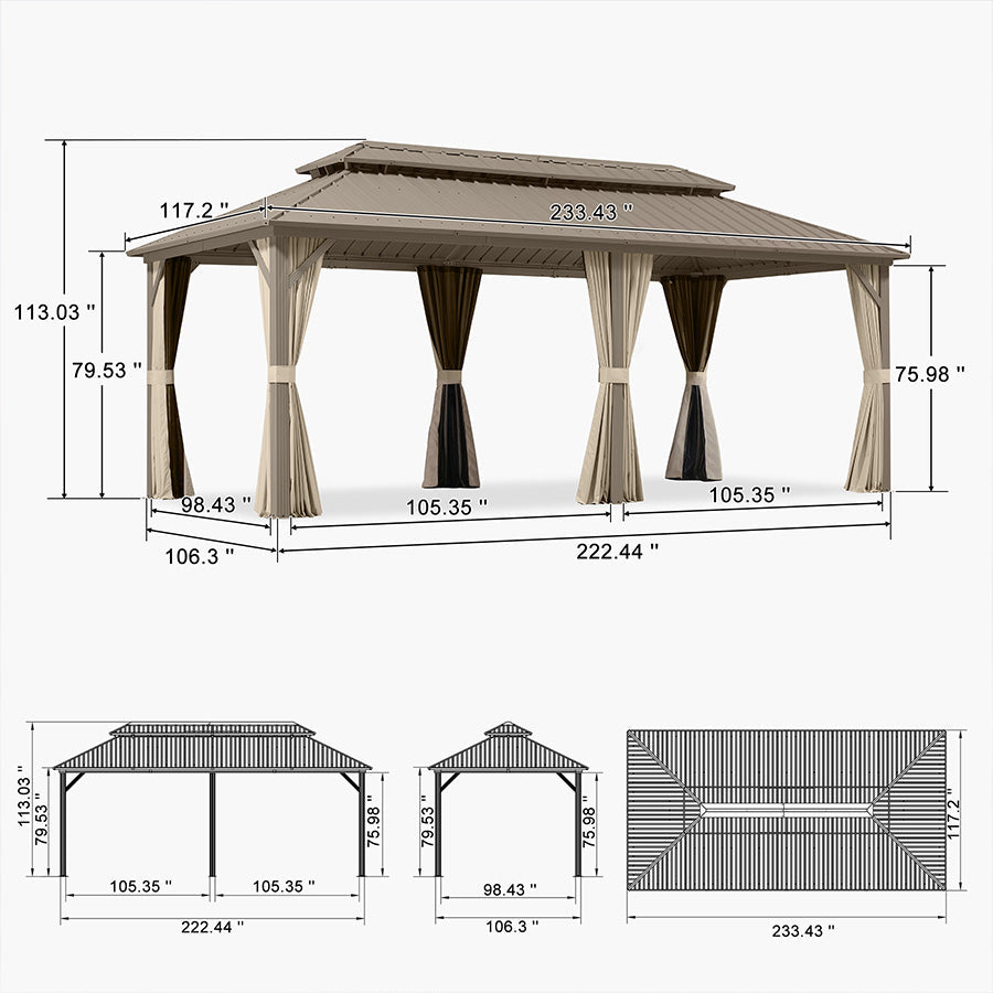 PURPLE LEAF Deck Gazebo Champagne Hardtop Metal Frame Double Roof with Curtains and Netting