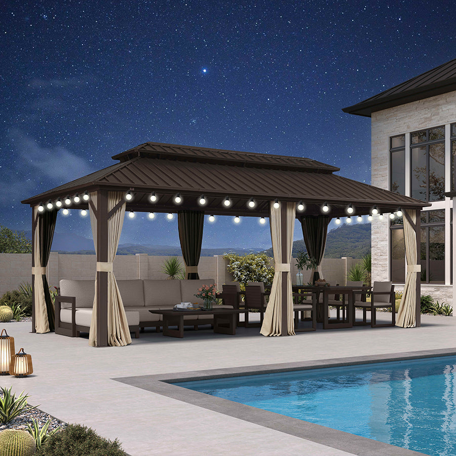 PURPLE LEAF Hardtop Gazebo Featuring Galvanized Steel Double Roof and Bronze Aluminum Frame with Curtains and Netting for Backyard with Lights-milky