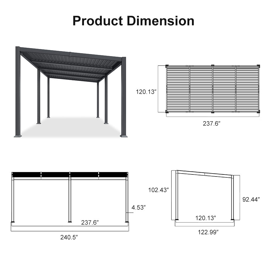 PURPLE LEAF Caesar Hardtop Louvered Pergola with LED String Lights, Slanted Roof Outdoor Aluminum Pergola with Adjustable Rainproof Louvers,Freestanding Patio Gazebo for Backyard Deck, Gray