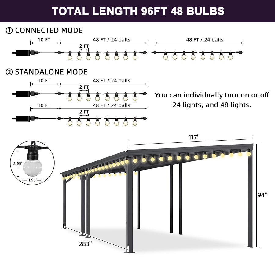 PURPLE LEAF Lean to Gazebo Metal Roof Patio Cover Built-in Drain Slots Wall Mounted Gazebo with Lights-clear for Outdoor Extension