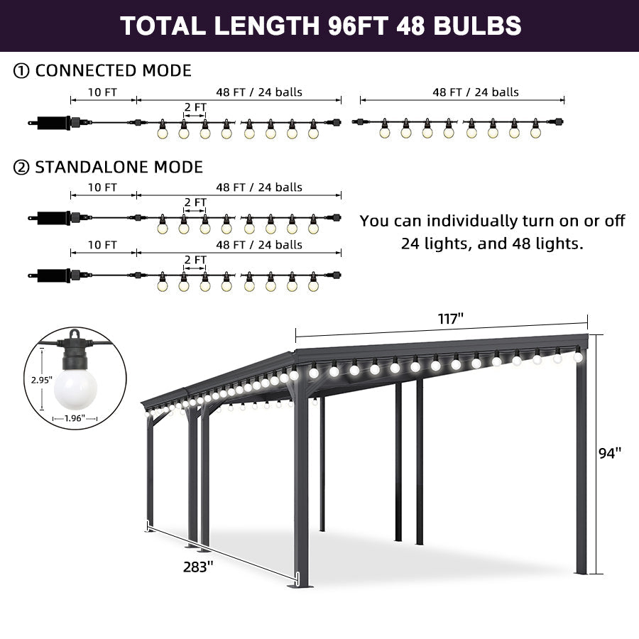 PURPLE LEAF Lean to Gazebo Metal Roof Patio Cover Built-in Drain Slots Wall Mounted Gazebo with Lights-milky for Outdoor Extension