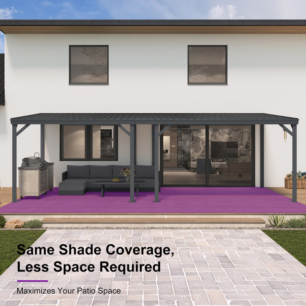 PURPLE LEAF Lean to Gazebo Metal Roof Patio Cover Built-in Drain Slots Wall Mounted Gazebo with Lights-milky for Outdoor Extension