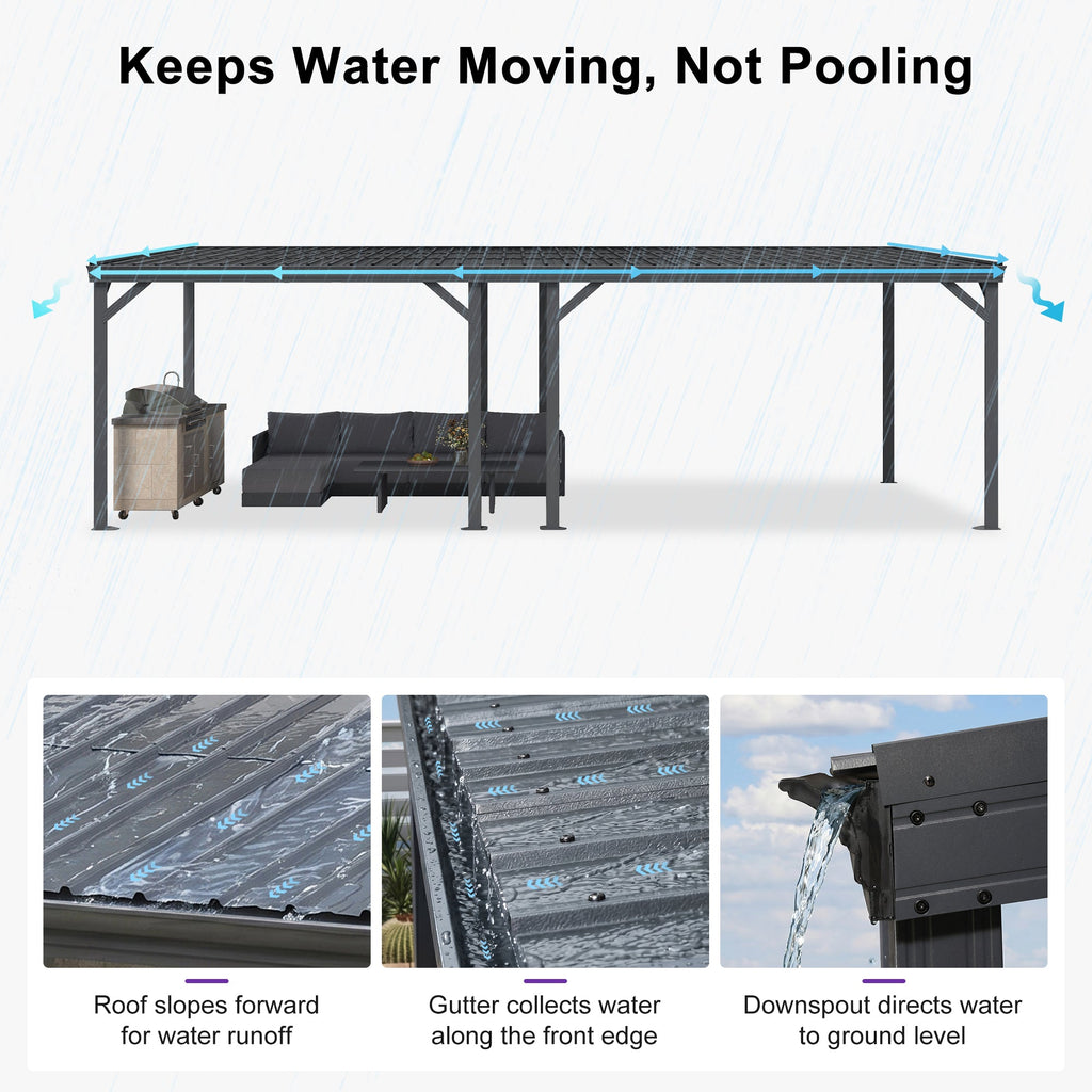 PURPLE LEAF Lean to Gazebo Metal Roof Patio Cover Built-in Drain Slots Wall Mounted Gazebo with Lights-clear for Outdoor Extension