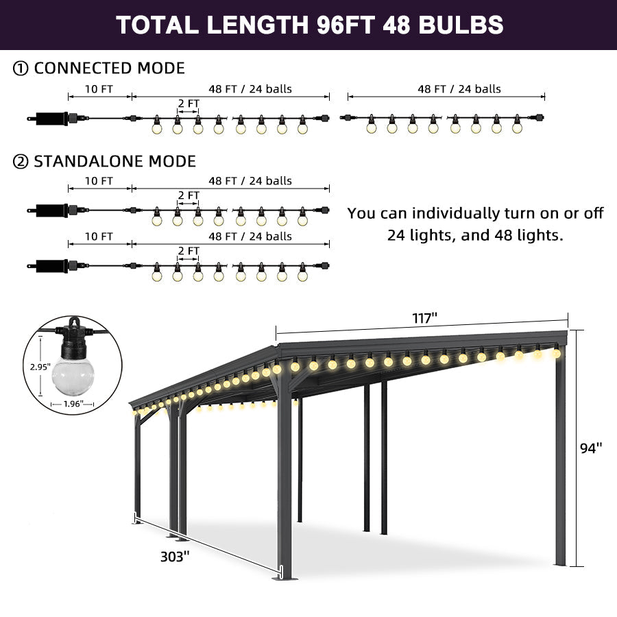PURPLE LEAF Lean to Gazebo Metal Roof Patio Cover Built-in Drain Slots Wall Mounted Gazebo with Lights-clear for Outdoor Extension