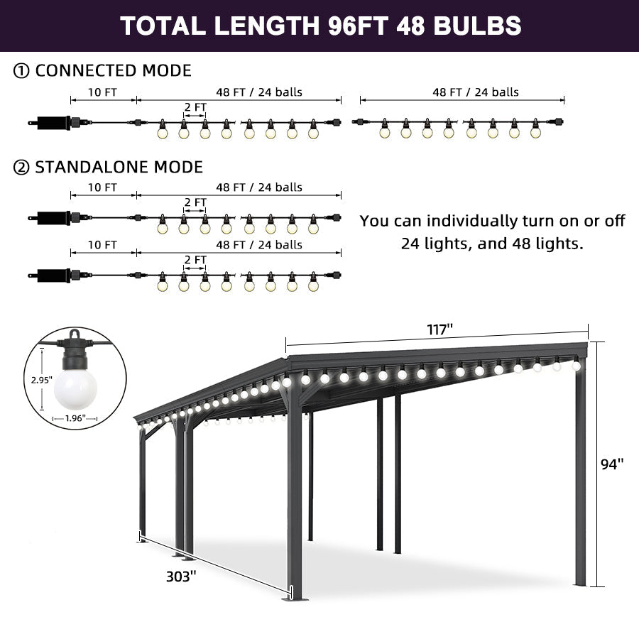 PURPLE LEAF Lean to Gazebo Metal Roof Patio Cover Built-in Drain Slots Wall Mounted Gazebo with Lights-milky for Outdoor Extension