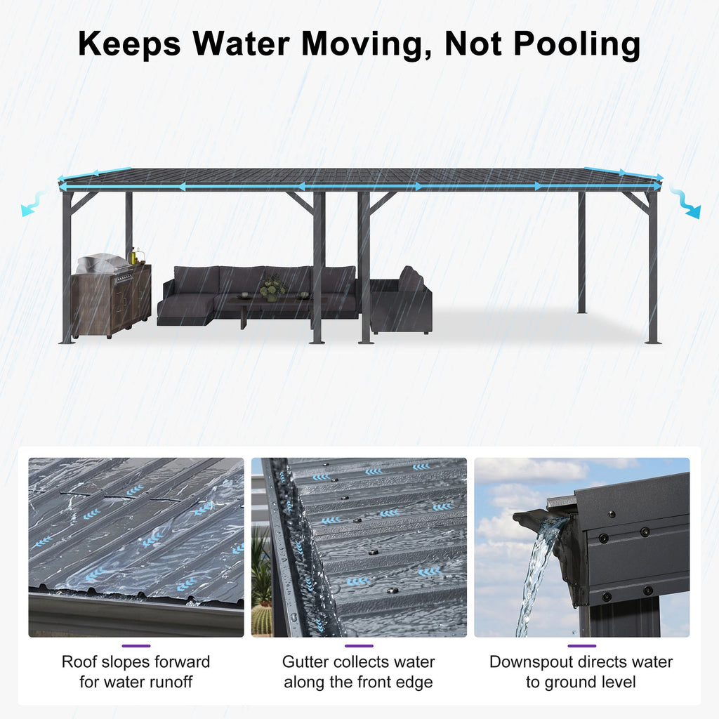 PURPLE LEAF Lean to Gazebo Metal Roof Patio Cover Built-in Drain Slots Wall Mounted Gazebo with Lights-clear for Outdoor Extension