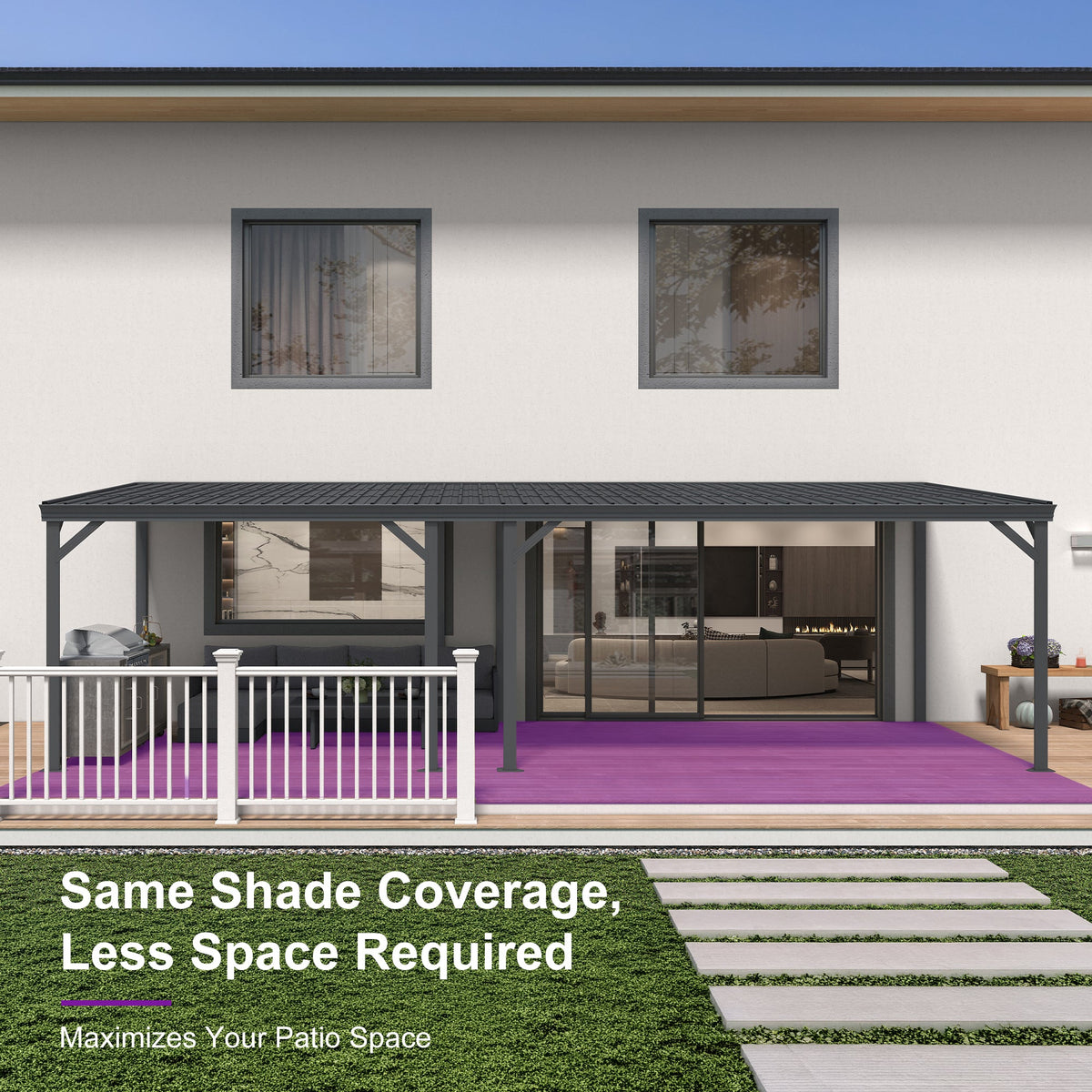 PURPLE LEAF Lean to Gazebo Metal Roof Patio Cover Built-in Drain Slots Wall Mounted Gazebo with Lights-clear for Outdoor Extension