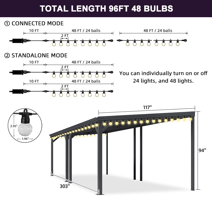 PURPLE LEAF Lean to Gazebo Metal Roof Patio Cover Built-in Drain Slots Wall Mounted Gazebo with Lights-clear for Outdoor Extension