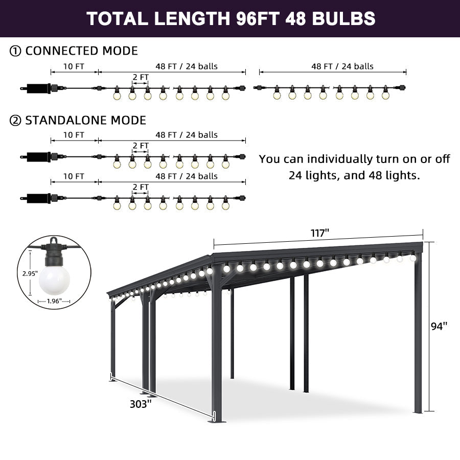 PURPLE LEAF Lean to Gazebo Metal Roof Patio Cover Built-in Drain Slots Wall Mounted Gazebo with Lights-milky for Outdoor Extension