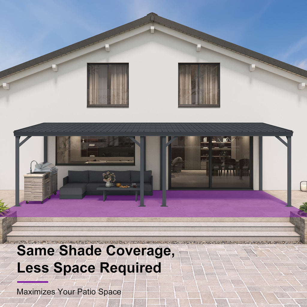 PURPLE LEAF Lean to Gazebo Metal Roof Patio Cover Built-in Drain Slots Wall Mounted Gazebo with Lights-clear for Outdoor Extension
