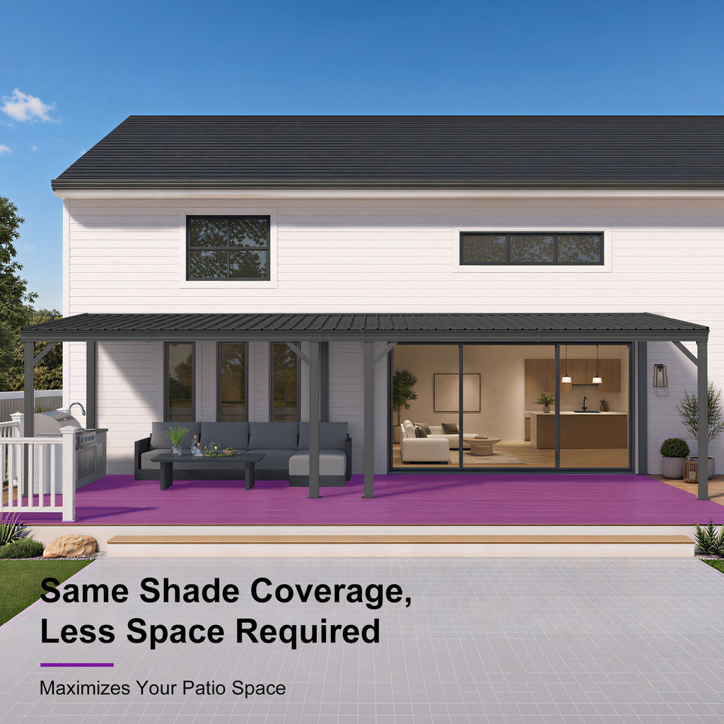 PURPLE LEAF Lean to Gazebo Metal Roof Patio Cover Built-in Drain Slots Wall Mounted Gazebo with Lights-milky for Outdoor Extension
