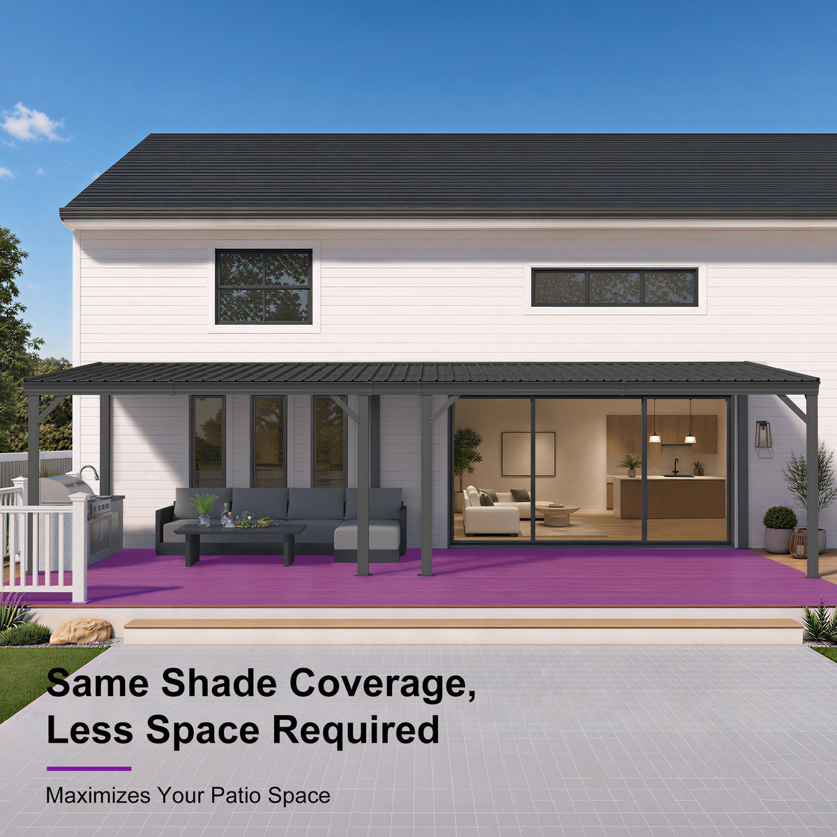 PURPLE LEAF Lean to Gazebo Metal Roof Patio Cover Built-in Drain Slots Wall Mounted Gazebo with Lights-milky for Outdoor Extension