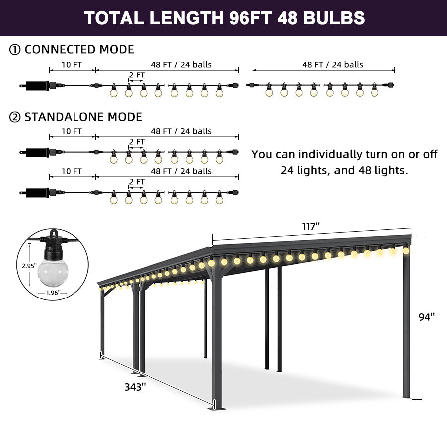 PURPLE LEAF Lean to Gazebo Metal Roof Patio Cover Built-in Drain Slots Wall Mounted Gazebo with Lights-clear for Outdoor Extension