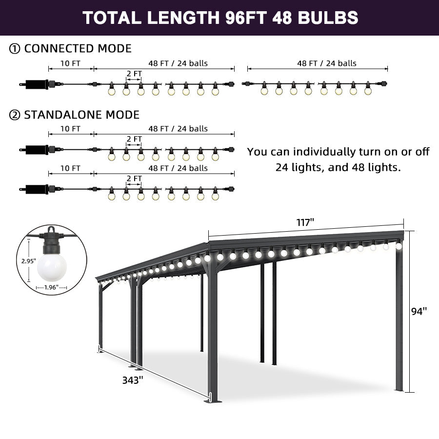 PURPLE LEAF Lean to Gazebo Metal Roof Patio Cover Built-in Drain Slots Wall Mounted Gazebo with Lights-milky for Outdoor Extension