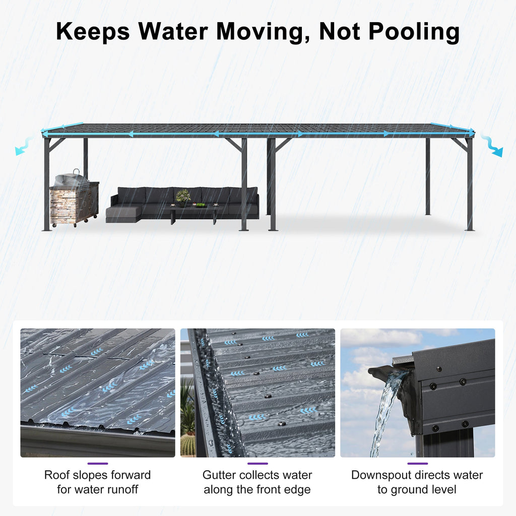 PURPLE LEAF Lean to Gazebo Metal Roof Patio Cover Built-in Drain Slots Wall Mounted Gazebo with Lights-milky for Outdoor Extension
