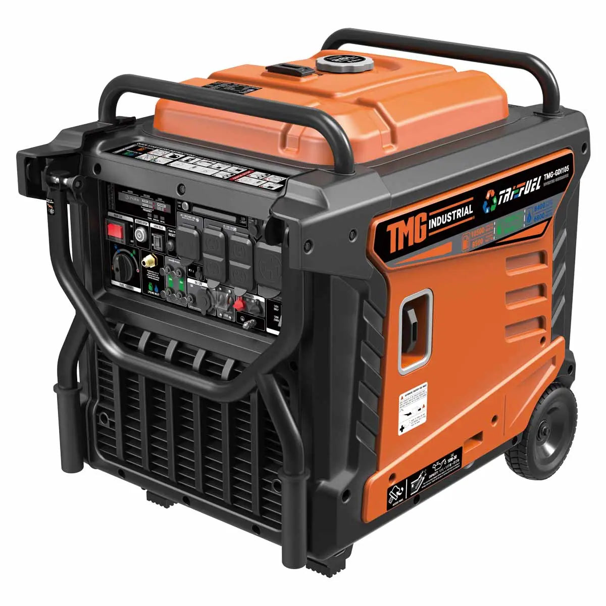 10500 Watt Digital Inverter Hybrid Portable Generator, Tri-Fuel Capabilities (Gas/LPG/NG), 8hrs 50% Load Run Time, CETL,ETL Certified For Canada/US, EPA emissions compliance, TMG-GDI105