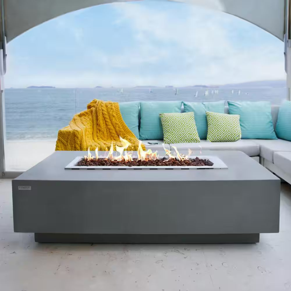 Elementi Granville Outdoor Fire Pit 60 In. X 27 In. Rectangular Concrete Propane Fire Table with Lava Rocks and Cover