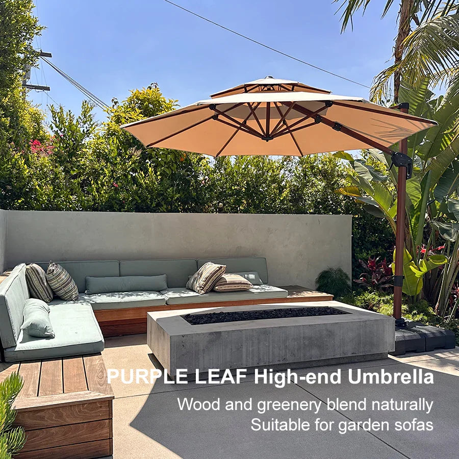 PURPLE LEAF Double Top 10 / 11 / 12 / 13 ft Round Aluminum Patio Umbrella in Wood Color