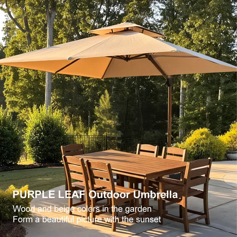 PURPLE LEAF Double Top 9 / 10 / 11 / 12 ft Square Aluminum Sun Umbrellas in Wood Color