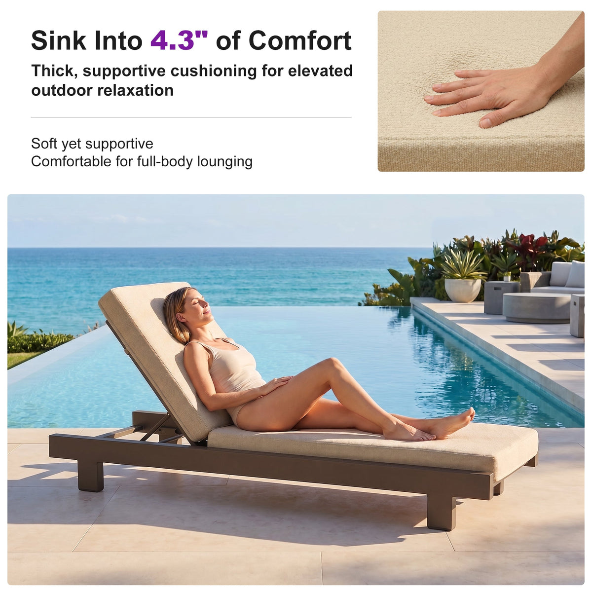 PURPLE LEAF Outdoor Standard Daybed for Patio,  Poolside Chaise Lounge Bed with Cushion, Olefin Blend Fabric, Aluminum Frame Sunbed for Deck and Backyard