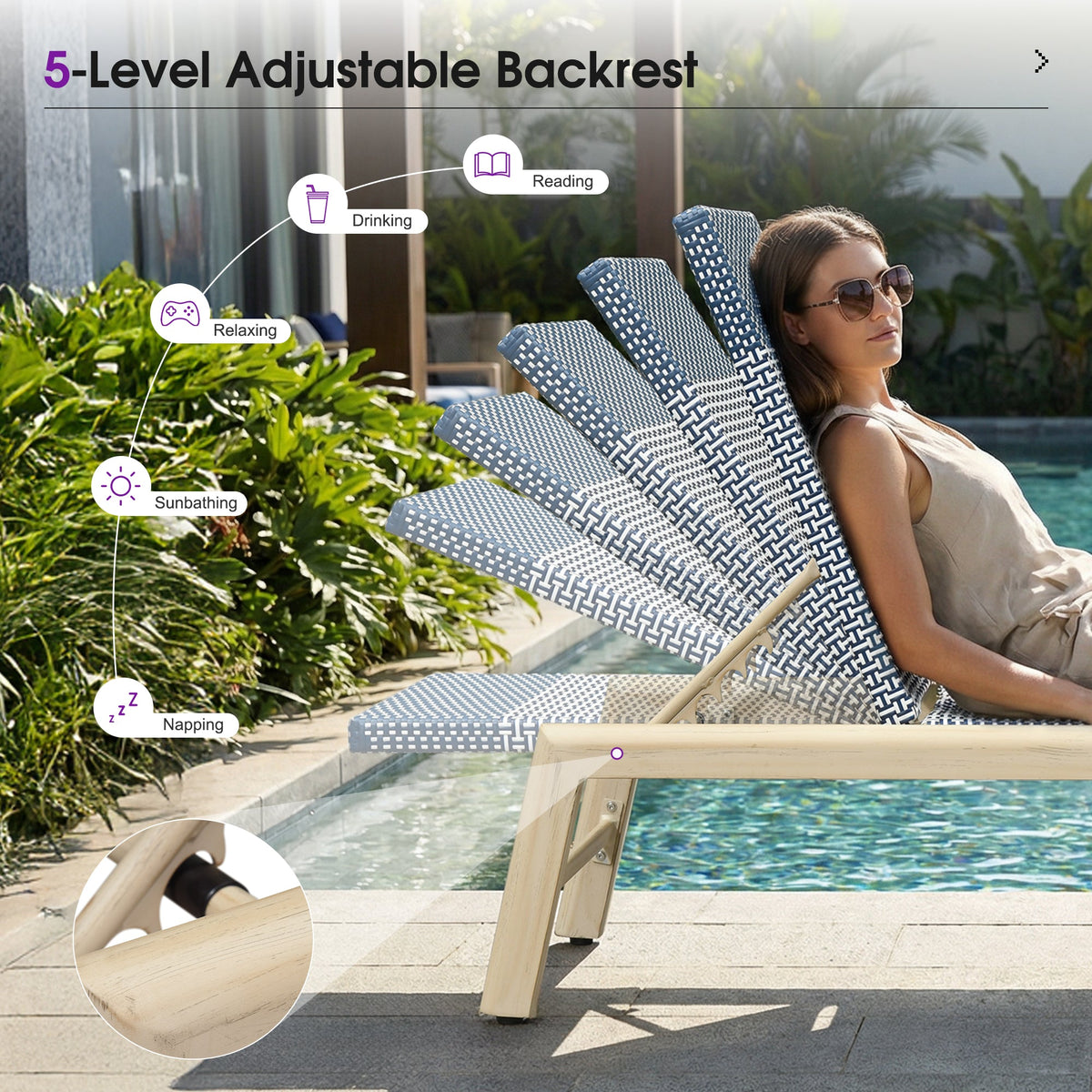 PURPLE LEAF Pool Oversized Lounge Chairs Rattan Aluminium Patio Chaise Lounge Outdoor Adjustable Recliner Finish Loungers Woven PE Sun Chairs for Poolside Deck Beach