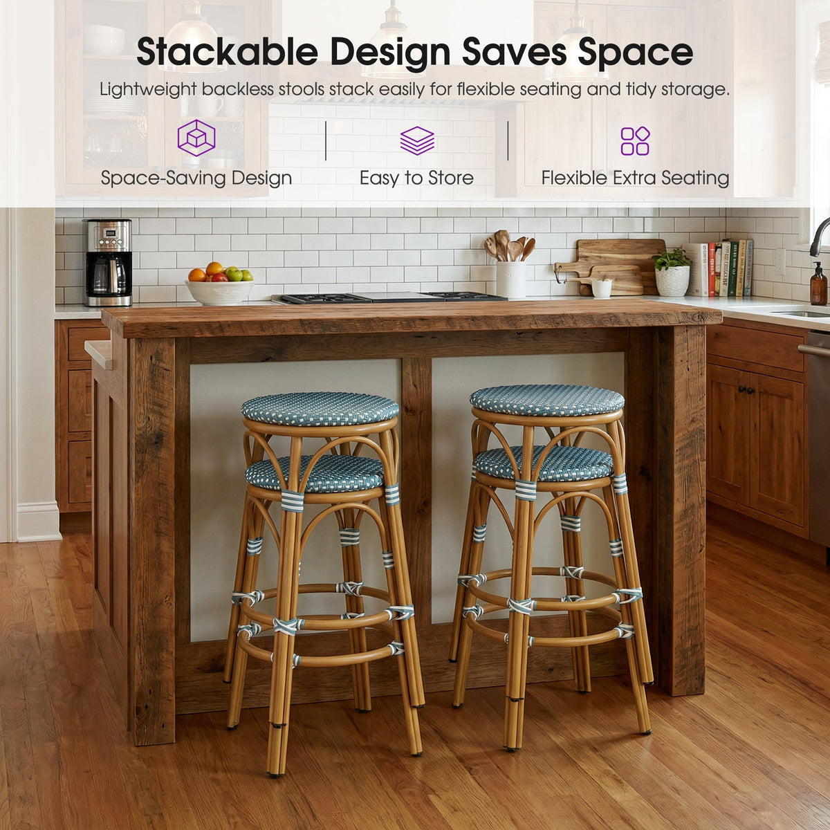 PURPLE LEAF Patio French Round Counter Stool Set of 2 Rattan Backless Stackable Barstools Aluminum Frame Footrest with Woven Wicker for Outdoor Kitchen Yard