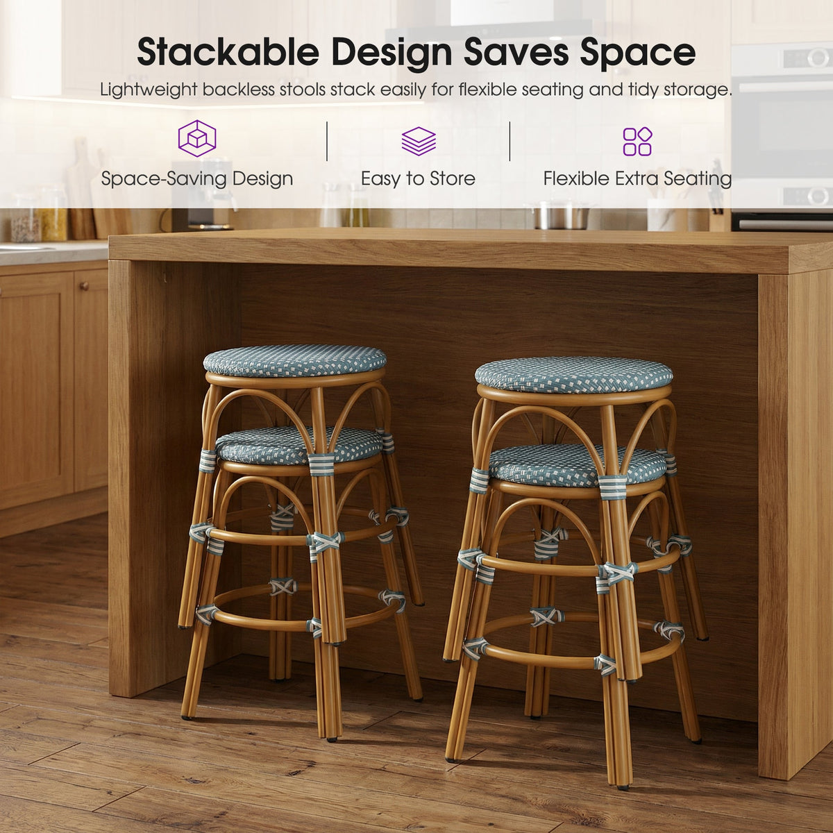 PURPLE LEAF Patio French Round Counter Stool Set of 2 Rattan Backless Stackable Barstools Aluminum Frame Footrest with Woven Wicker for Outdoor Kitchen Yard