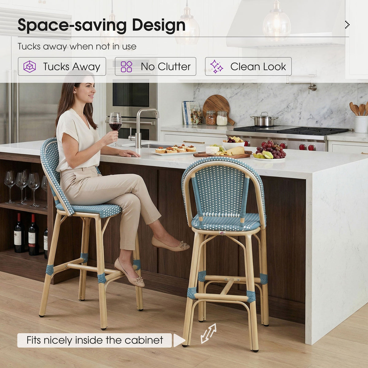 PURPLE LEAF Patio French Counter Stool Set of 2 Outdoor Backrest Barstools Aluminum Frame Woven Rattan for Indoor Kitchen Garden Balcony Restaurant