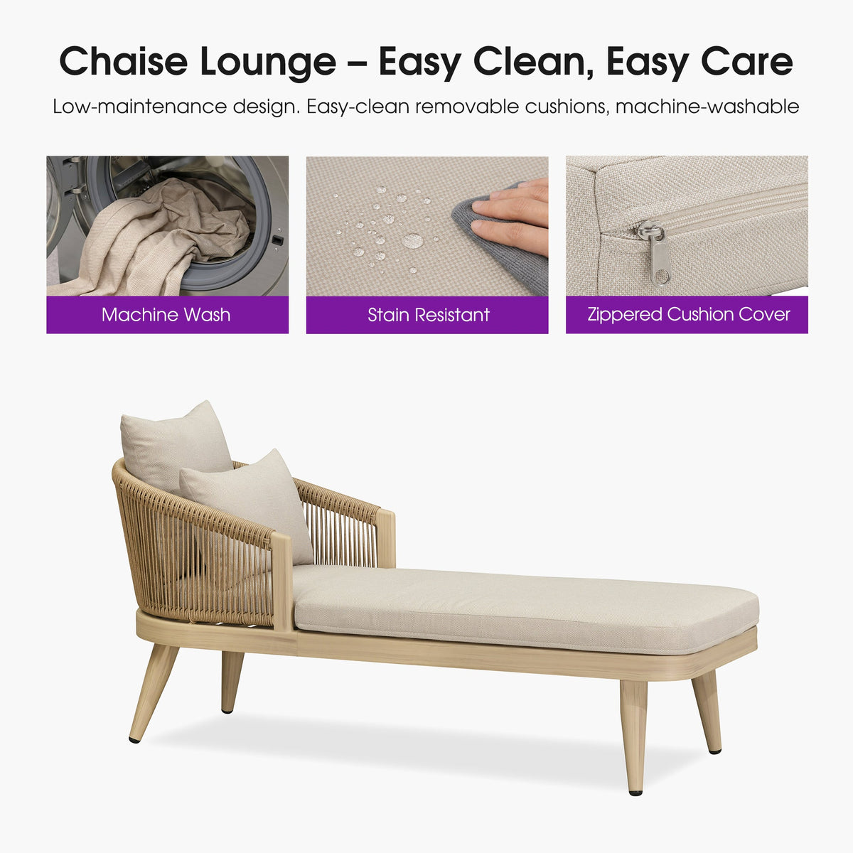 PURPLE LEAF Patio Chaise Lounge Elegant Aluminum Outdoor Lounge Chair with Pillow & Lumbar Support PE Rattan Backrest All Weather for Lawn Beach Backyard