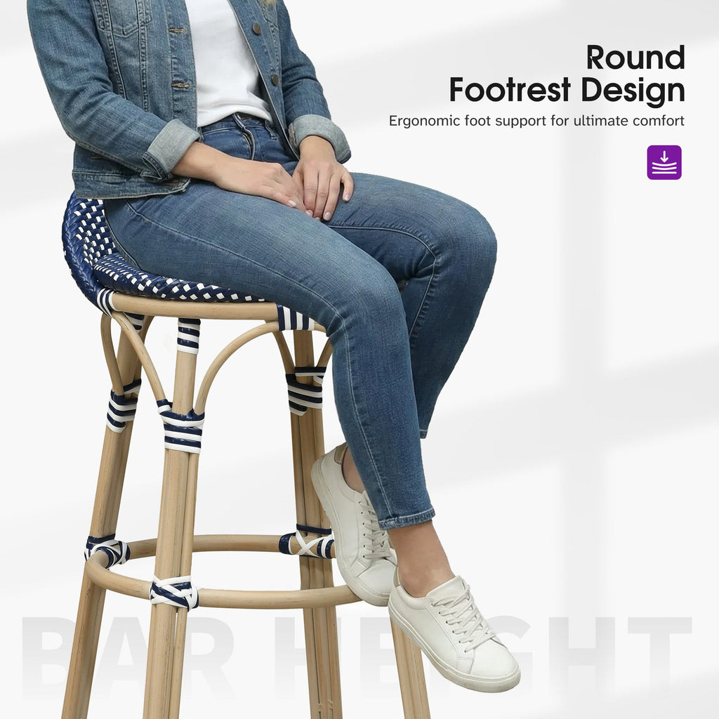 PURPLE LEAF Patio Oversized Backrest Bar Height Stool Set of 2 Outdoor Round Barstools Aluminum Frame Woven Rattan for Indoor Kitchen Dining Bistros Cafe Restaurant