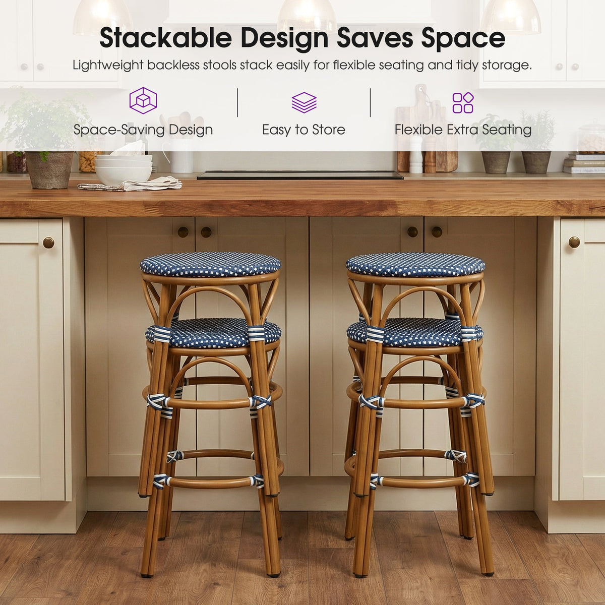 PURPLE LEAF Patio French Round Counter Stool Set of 2 Rattan Backless Stackable Barstools Aluminum Frame Footrest with Woven Wicker for Outdoor Kitchen Yard