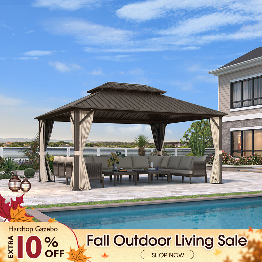 PURPLE LEAF Hardtop Gazebo Featuring Galvanized Steel Double Roof and Bronze Aluminum Frame with Curtains and Netting for Patio and Poolside