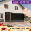 PURPLE LEAF Wall Mounted Sunroom Galvanized Steel Sloped Roof Lean-to Enclosed Aluminum Grey Frame Wood Grain Columns for Outdoor Home Extension