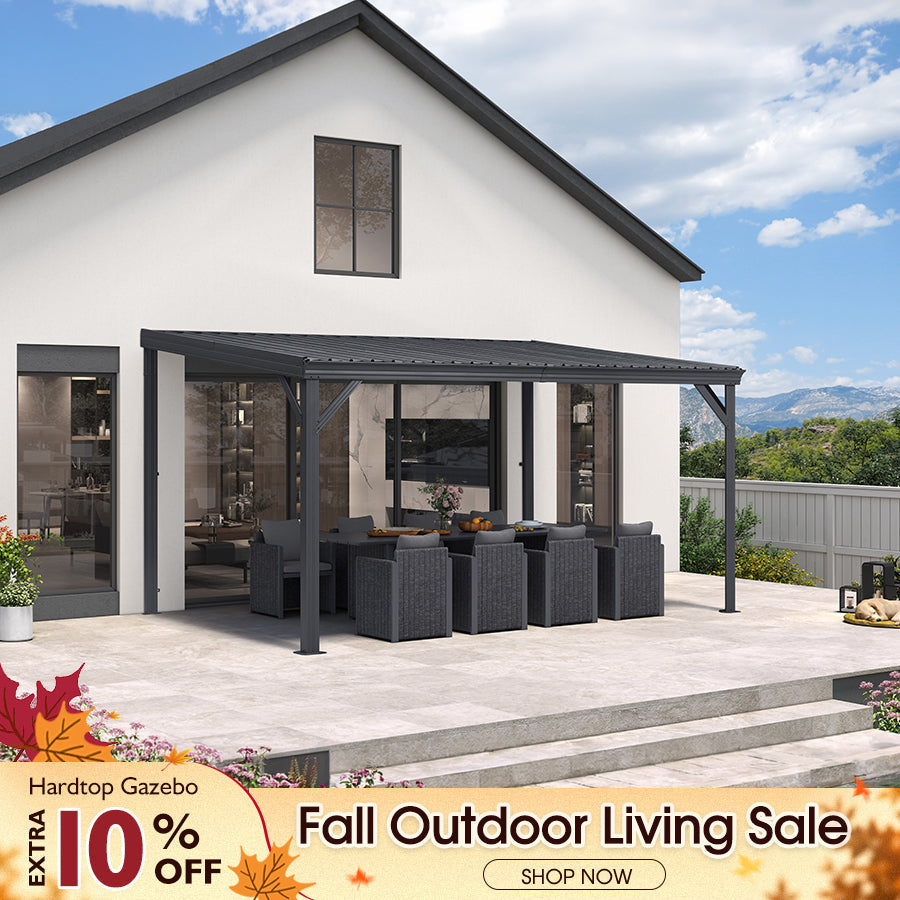 PURPLE LEAF Lean to Gazebo Metal Roof Patio Cover Built-in Drain Slots Wall Mounted Gazebo for Outdoor Extension
