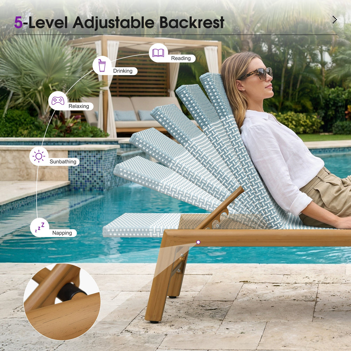 PURPLE LEAF Pool Oversized Lounge Chairs Rattan Aluminium Patio Chaise Lounge Outdoor Adjustable Recliner Finish Loungers Woven PE Sun Chairs for Poolside Deck Beach