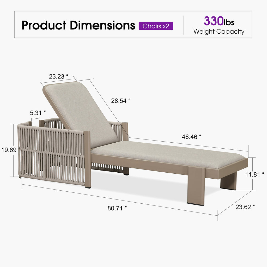 PURPLE LEAF Outdoor Chaise Lounge with Wraparound Armrests and Cushion Aluminum Reclining Tanning Pool Lounge Chairs for Patio Poolside Backyard