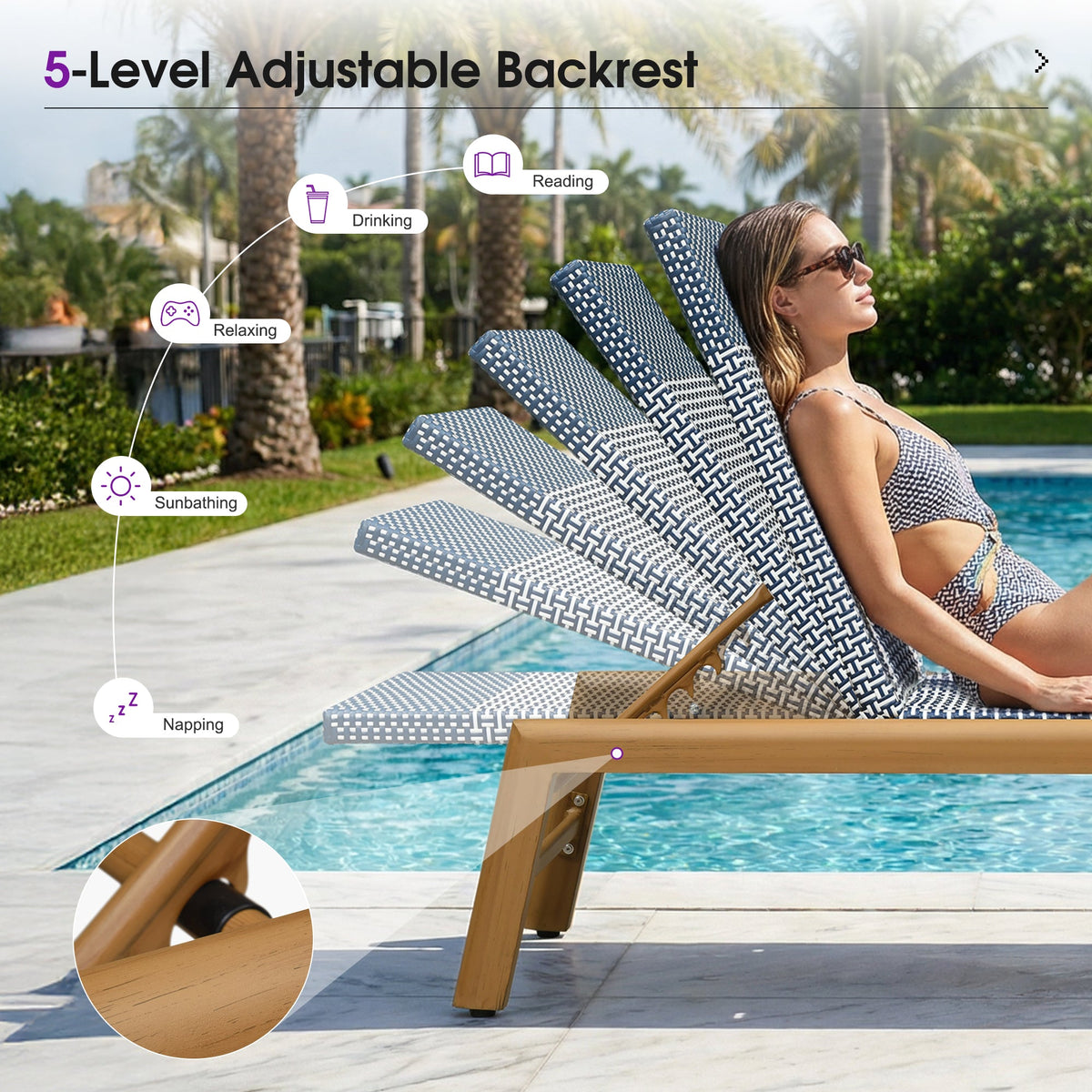 PURPLE LEAF Pool Oversized Lounge Chairs Rattan Aluminium Patio Chaise Lounge Outdoor Adjustable Recliner Finish Loungers Woven PE Sun Chairs for Poolside Deck Beach