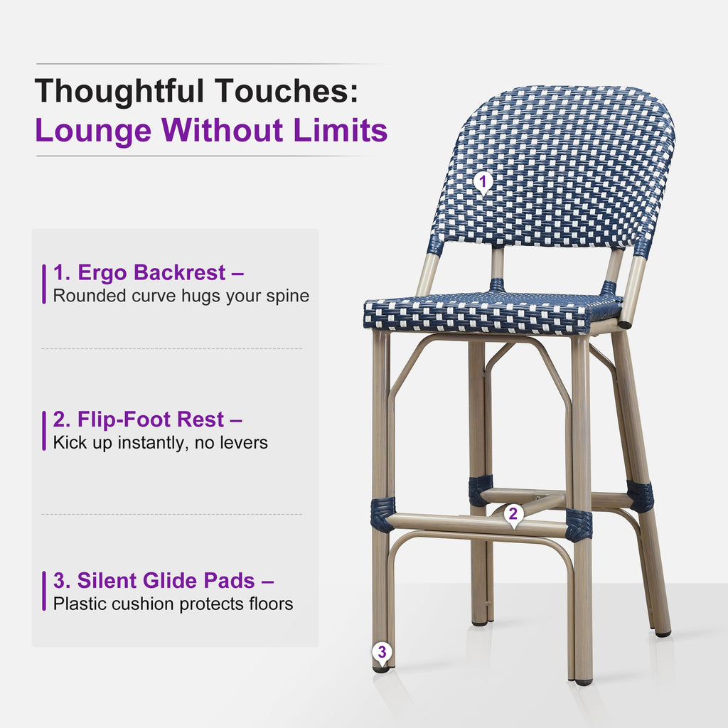 PURPLE LEAF Outdoor Bar Height Stools Set of 2 French Country Patio Rattan Bar Stool Chairs Outdoor Armless Barstools for Porch Garden Indoor Kitchen