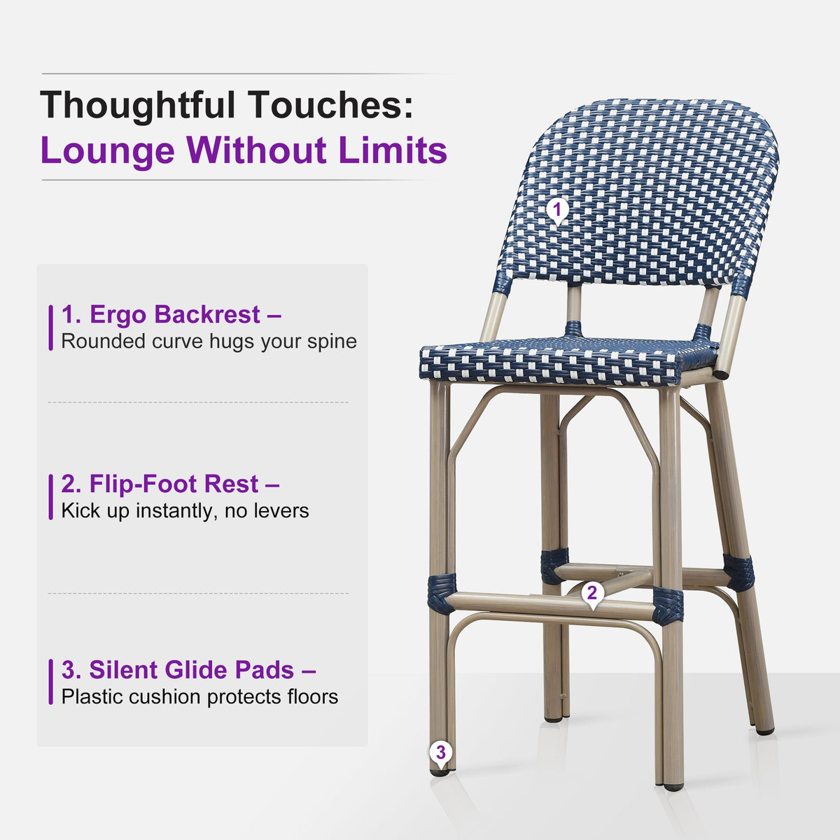 PURPLE LEAF Outdoor Bar Height Stools Set of 2 French Country Patio Rattan Bar Stool Chairs Outdoor Armless Barstools for Porch Garden Indoor Kitchen