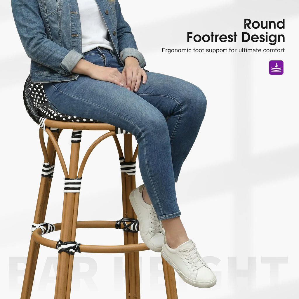 PURPLE LEAF Patio Oversized Backrest Bar Height Stool Set of 2 Outdoor Round Barstools Aluminum Frame Woven Rattan for Indoor Kitchen Dining Bistros Cafe Restaurant