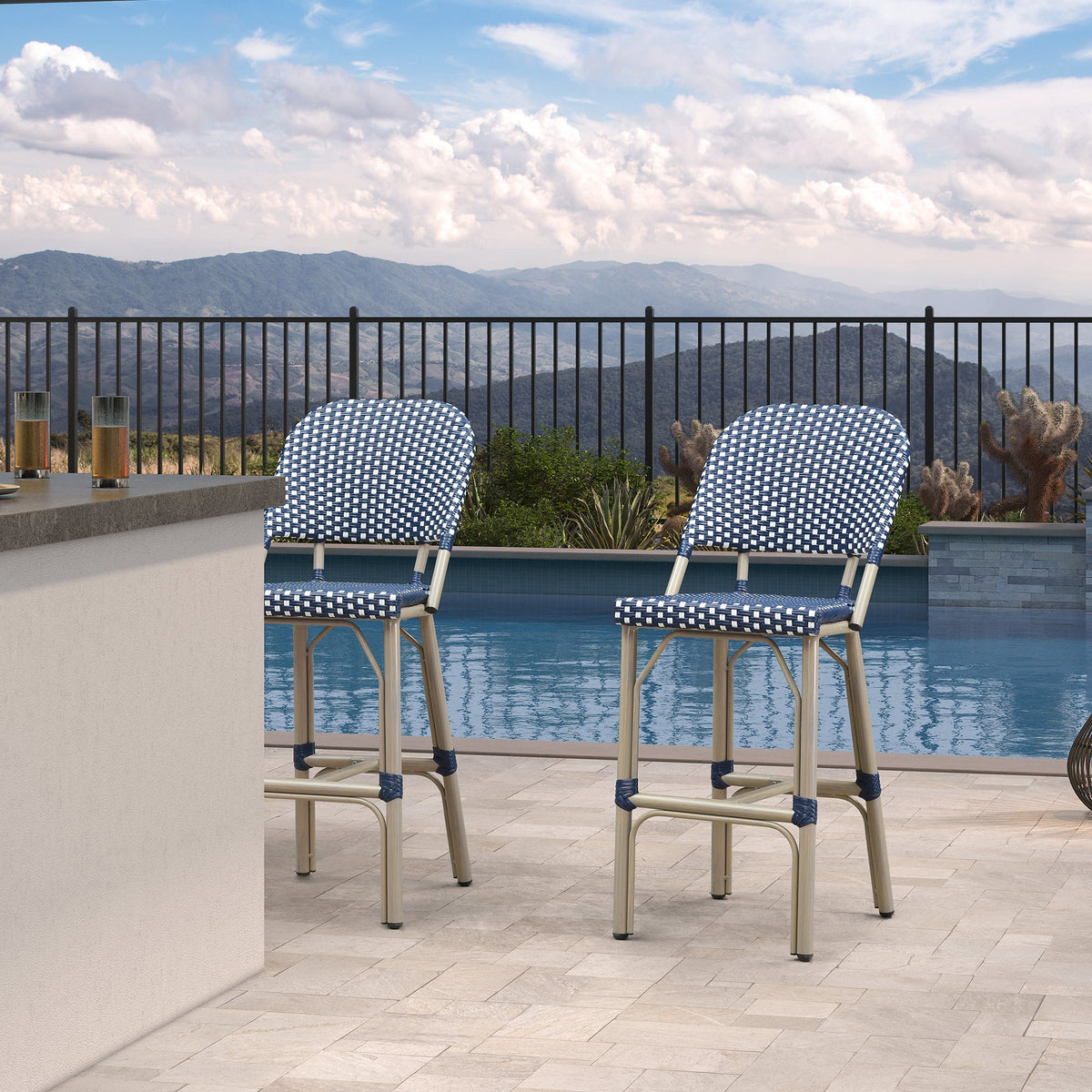 PURPLE LEAF Outdoor Bar Height Stools Set of 2 French Country Patio Rattan Bar Stool Chairs Outdoor Armless Barstools for Porch Garden Indoor Kitchen