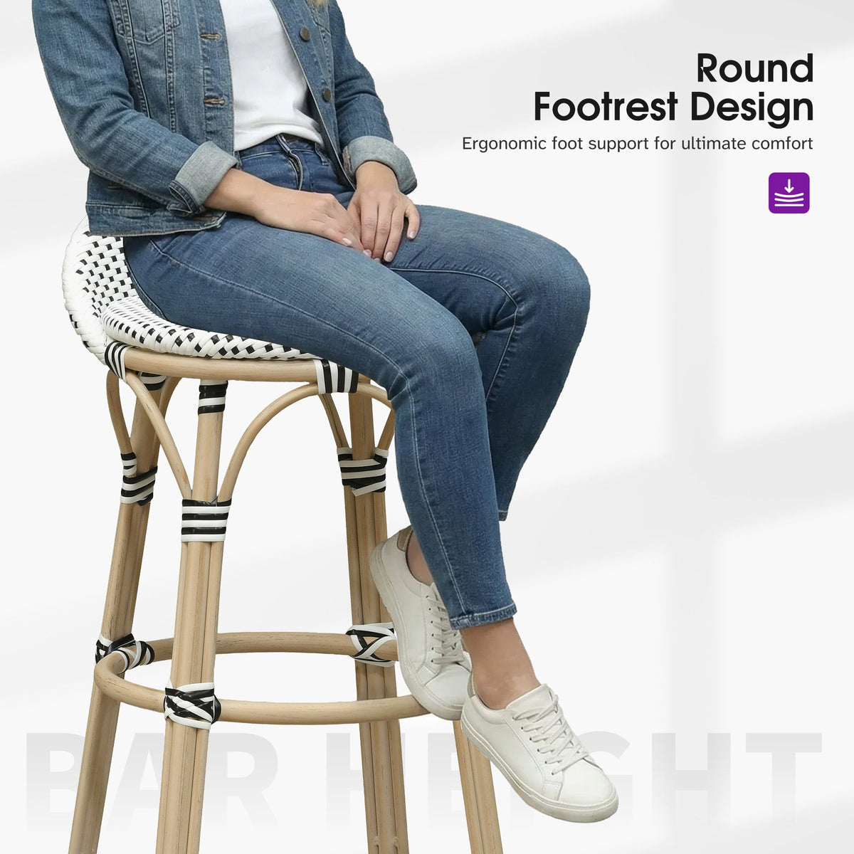PURPLE LEAF Patio Oversized Backrest Bar Height Stool Set of 2 Outdoor Round Barstools Aluminum Frame Woven Rattan for Indoor Kitchen Dining Bistros Cafe Restaurant