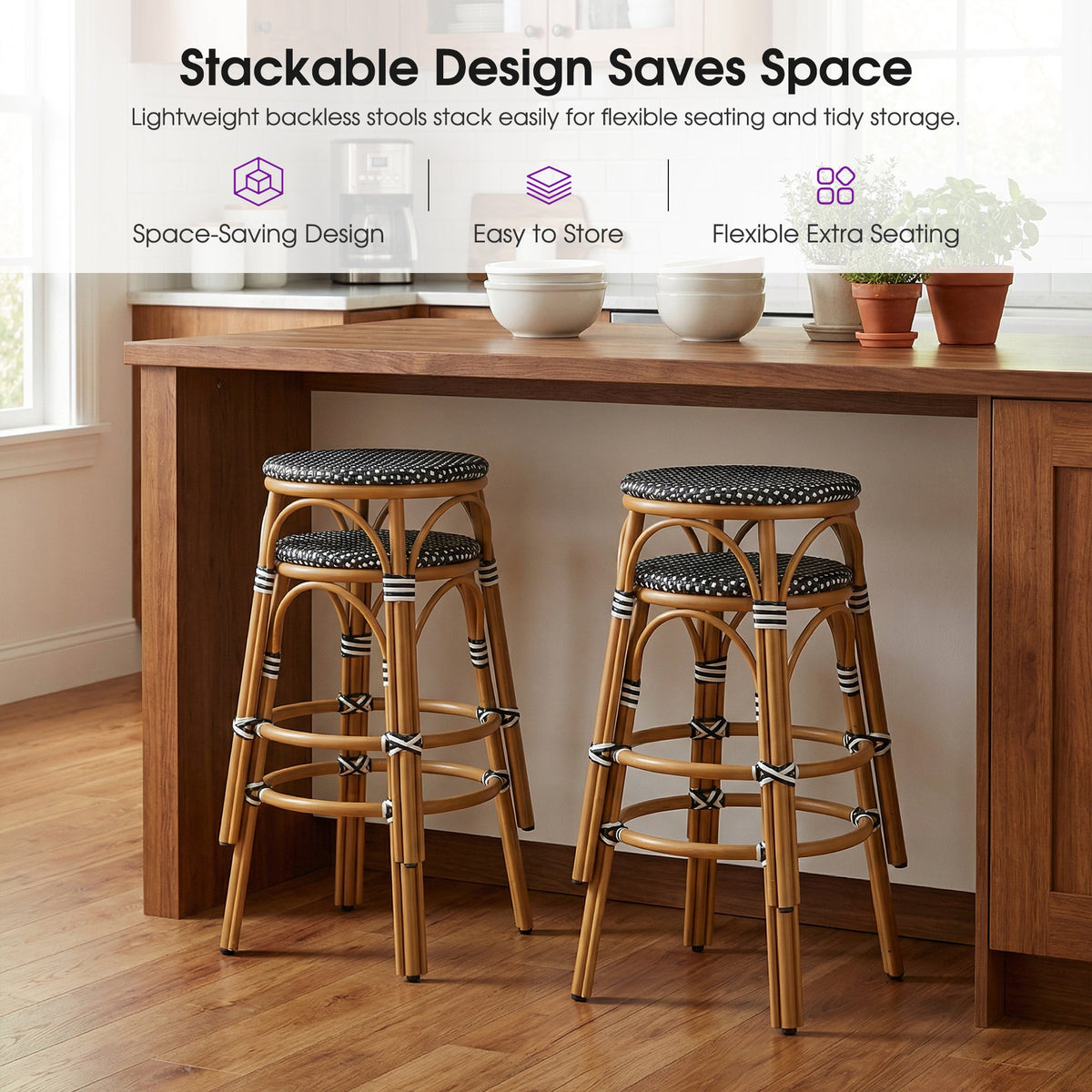 PURPLE LEAF Patio French Round Counter Stool Set of 2 Rattan Backless Stackable Barstools Aluminum Frame Footrest with Woven Wicker for Outdoor Kitchen Yard
