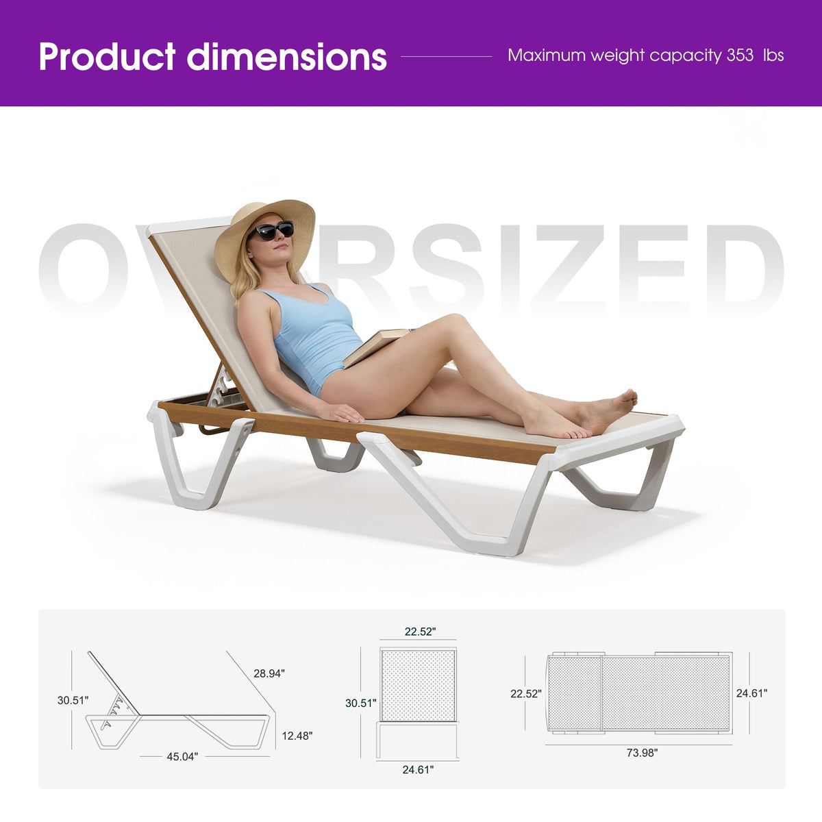 PURPLE LEAF Patio Lounge Chair Set White Chaise Lounge Chairs Five-Position Adjustable Plastic Stackable Chaise for Pool Sunbathing Beach Deck Outdoor