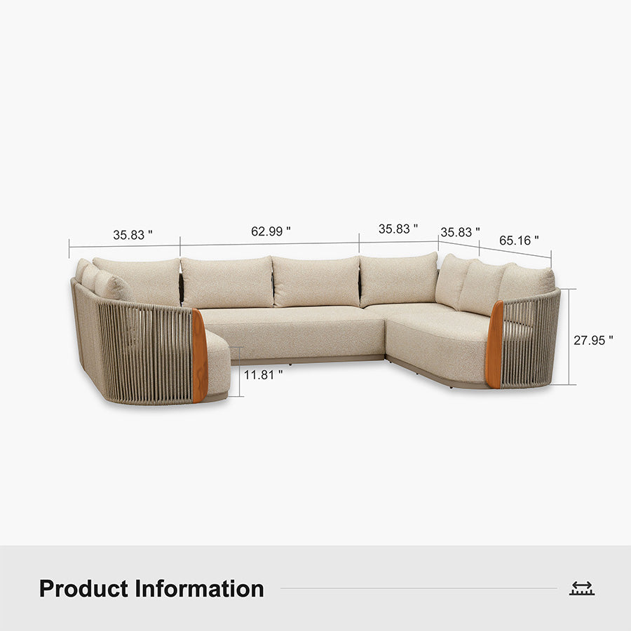 PURPLE LEAF Hailar U-Shaped Patio Conversation Set with Genuine Teak Cushions and Pillows Olefin Rope Backrest Outdoor Couch Sets for Porch Garden