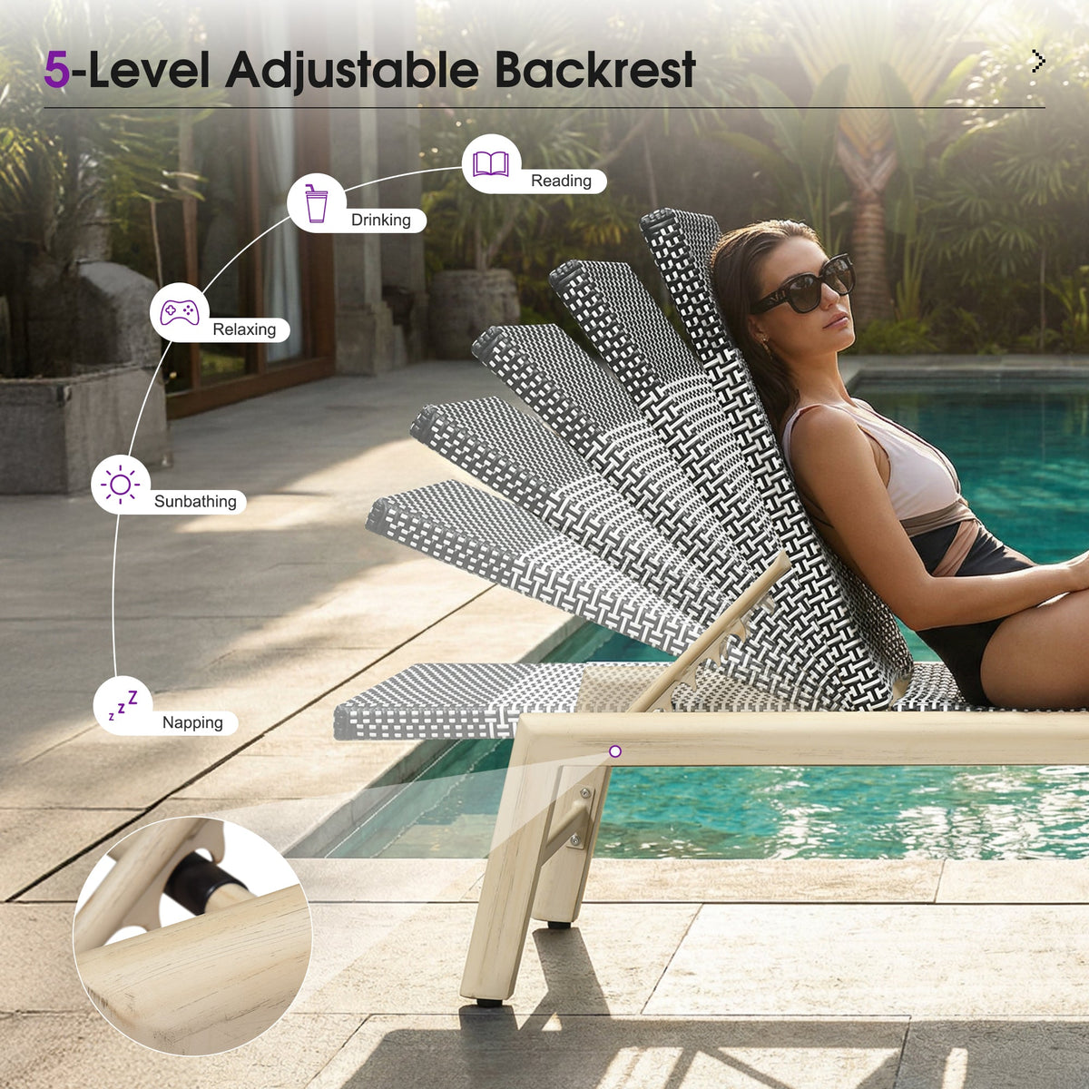PURPLE LEAF Pool Oversized Lounge Chairs Rattan Aluminium Patio Chaise Lounge Outdoor Adjustable Recliner Finish Loungers Woven PE Sun Chairs for Poolside Deck Beach