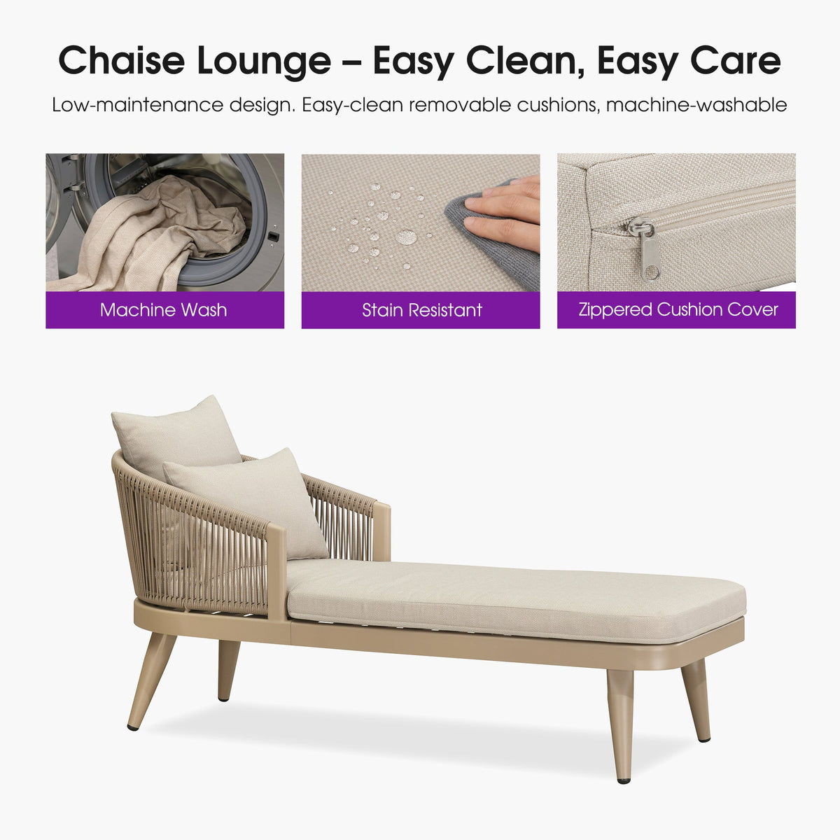 PURPLE LEAF Patio Chaise Lounge Elegant Aluminum Outdoor Lounge Chair with Pillow & Lumbar Support PE Rattan Backrest All Weather for Lawn Beach Backyard