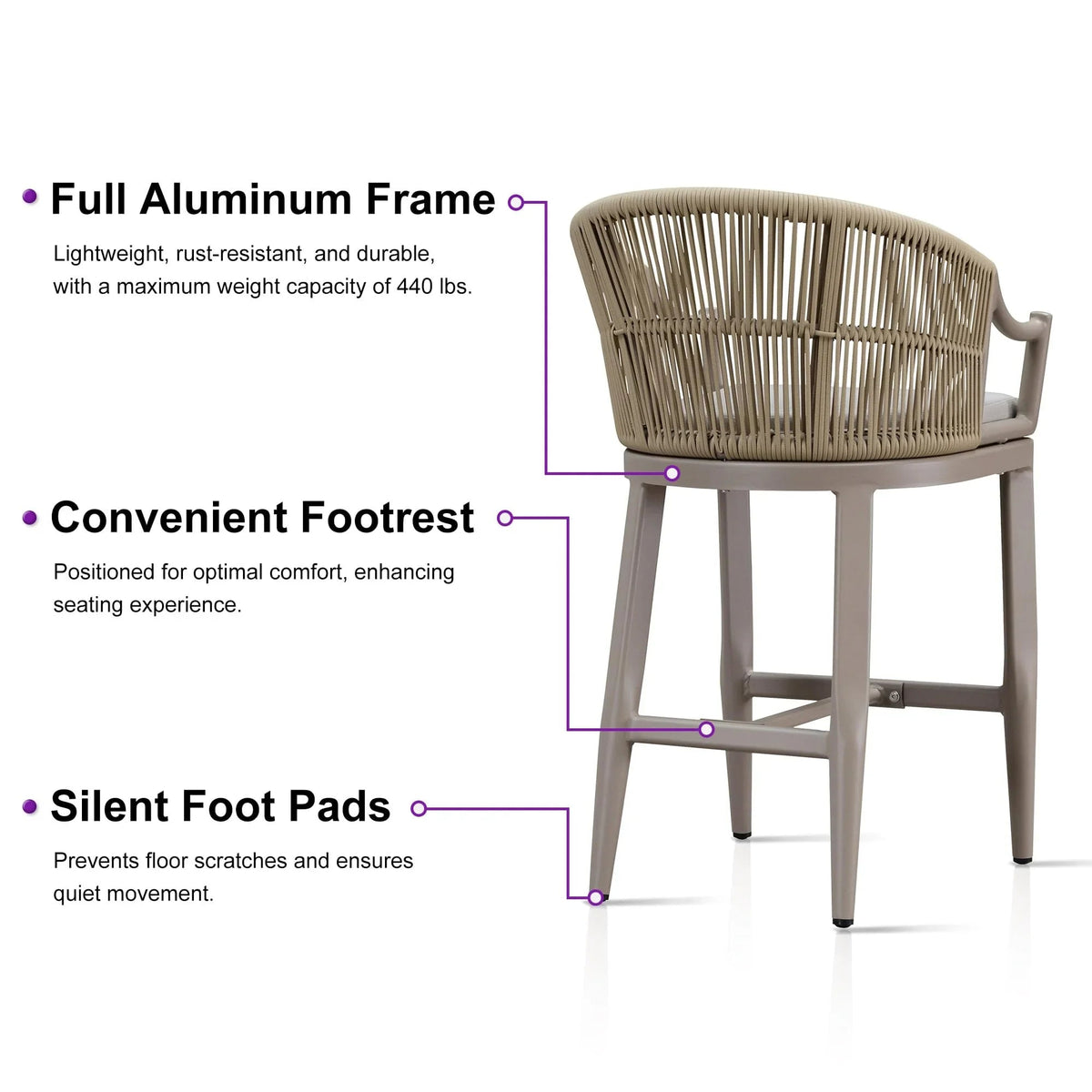 PURPLE LEAF Patio Bar Stools Set of 2 Outdoor Wicker Modern High Bar Chairs Metal Cushioned Barstools with Backs and Ergonomic Armrest
