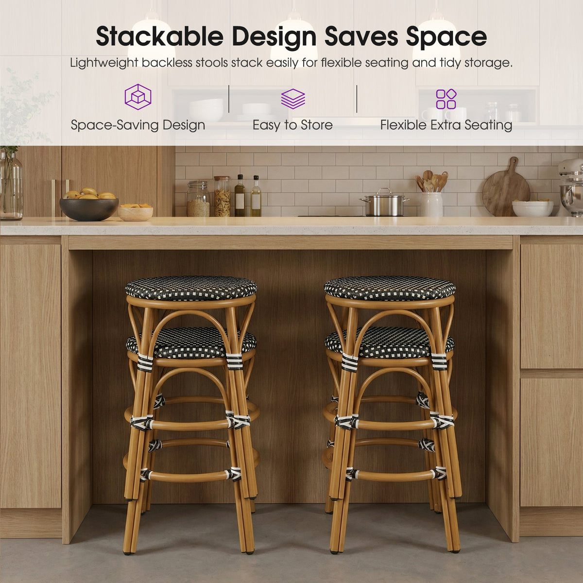 PURPLE LEAF Patio French Round Counter Stool Set of 2 Rattan Backless Stackable Barstools Aluminum Frame Footrest with Woven Wicker for Outdoor Kitchen Yard